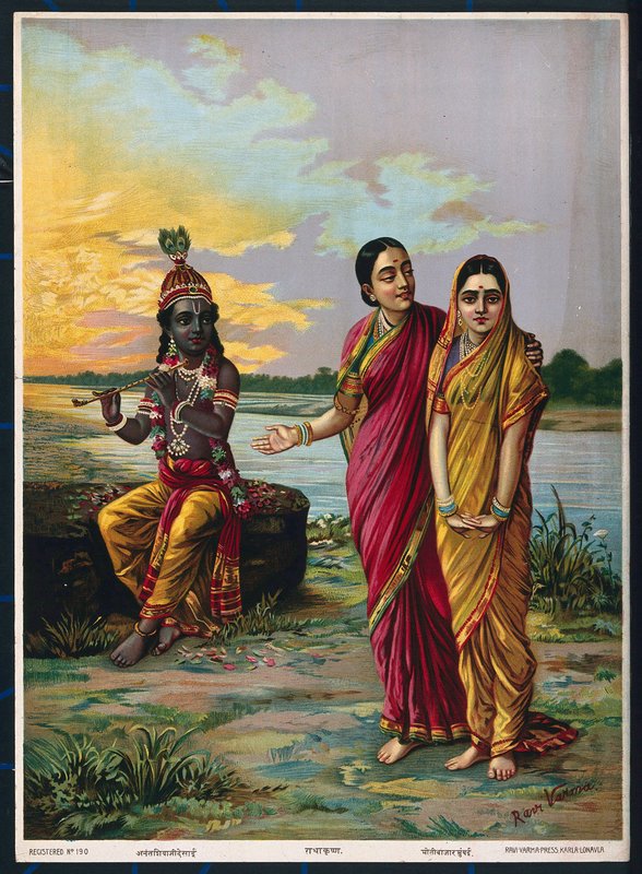 Krishna erklärt seine Liebe zu Radha über eine Vertraute, nach 1900 von Raja Ravi Varma