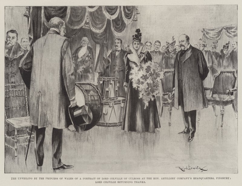 Die Enthüllung eines Porträts von Lord Colville of Culross durch die Prinzessin von Wales im Hauptquartier der Honourable Artillery Company, Finsbury, Lord Colville dankt von Ralph Cleaver