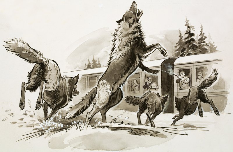 Passagiere in einem eingeschneiten Zug wehren hungrige Wölfe ab von Ralph Bruce