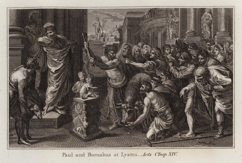 Raphael-Karton: Paulus und Barnabas in Lystra, Apostelgeschichte, Kapitel XIV (Gravur) von after Raphael