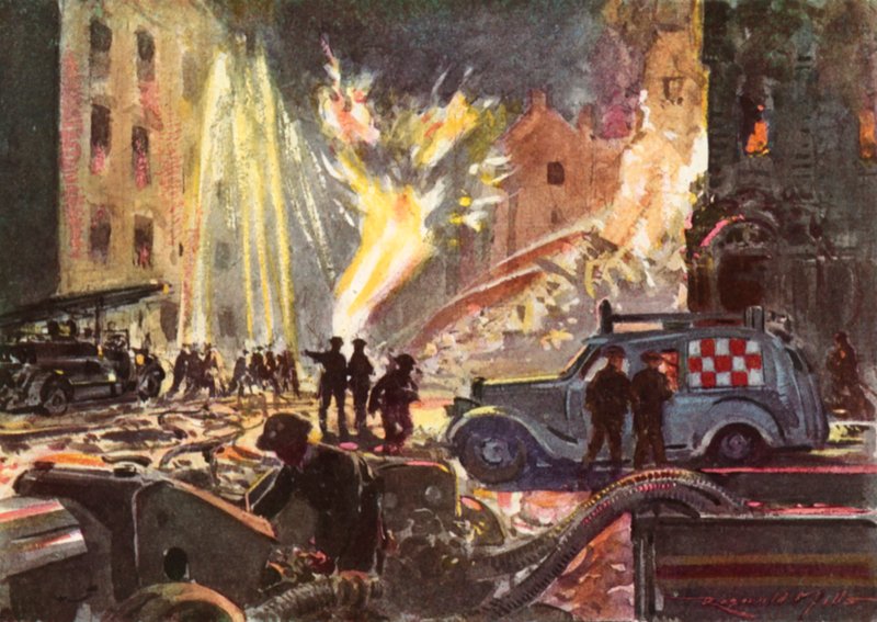 Feuerwehrmänner des britischen National Fire Service im Krieg, die während des Blitzes einen brennenden Gasanschluss löschen, Zweiter Weltkrieg von Reginald Mills