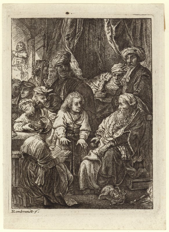 Eine Menschenmenge versammelt sich um einen sitzenden alten Mann von Rembrandt van Rijn