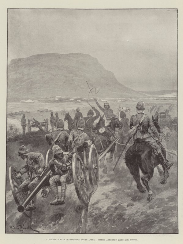 Ein Feldtag in der Nähe von Charlestown, Südafrika, britische Artillerie geht in Aktion von Richard Caton Woodville junior
