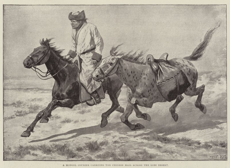 Ein mongolischer Kurier, der die chinesische Post durch die Wüste Gobi trägt von Richard Caton Woodville junior