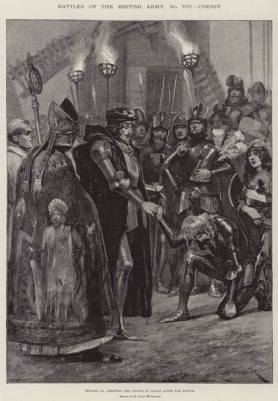 Schlachten der britischen Armee, Cressy, Edward III begrüßt den Prinzen von Wales nach der Schlacht von Richard Caton Woodville junior