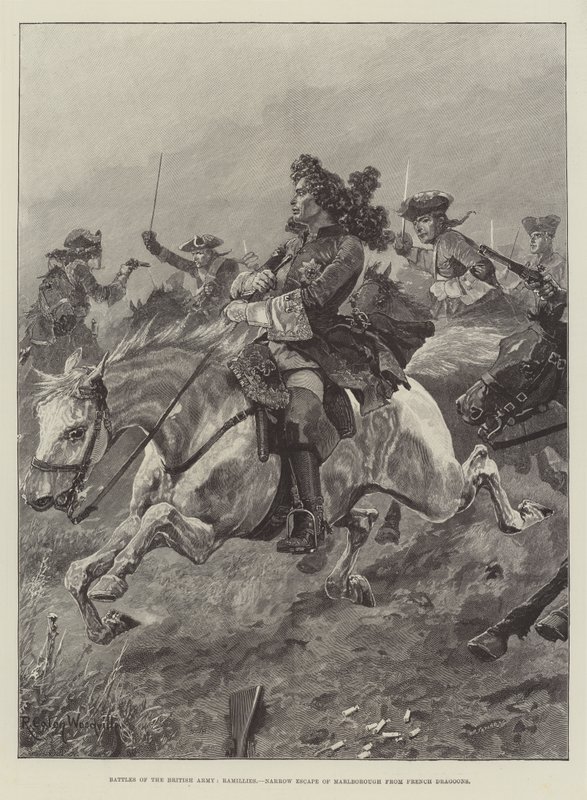 Schlachten der britischen Armee, Ramillies, knappes Entkommen von Marlborough vor französischen Dragonern von Richard Caton Woodville junior