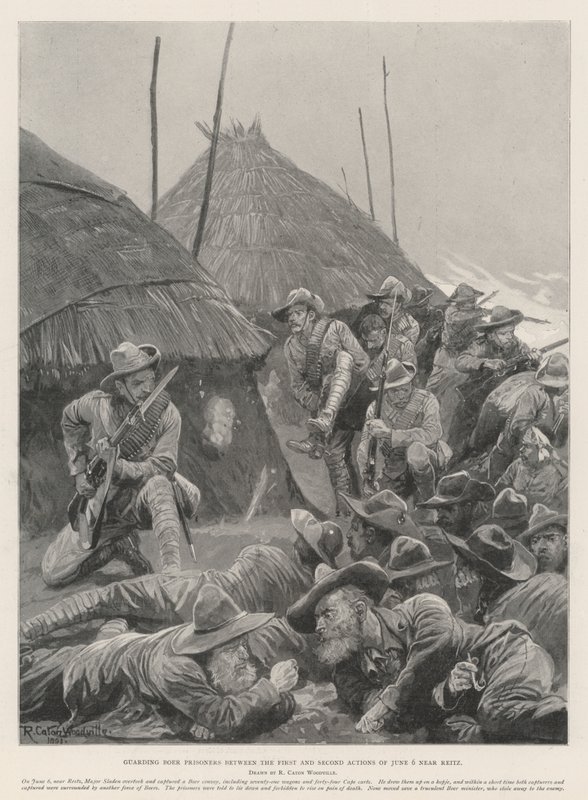 Bewachung von Buren-Gefangenen zwischen den ersten und zweiten Aktionen am 6. Juni in der Nähe von Reitz von Richard Caton Woodville junior