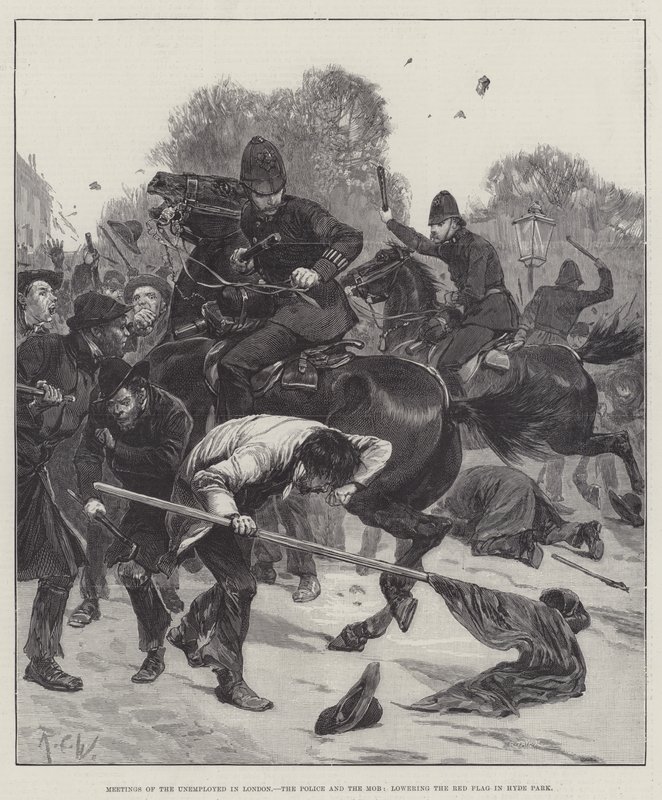 Treffen der Arbeitslosen in London, die Polizei und der Mob, das Senken der roten Fahne im Hyde Park von Richard Caton Woodville junior