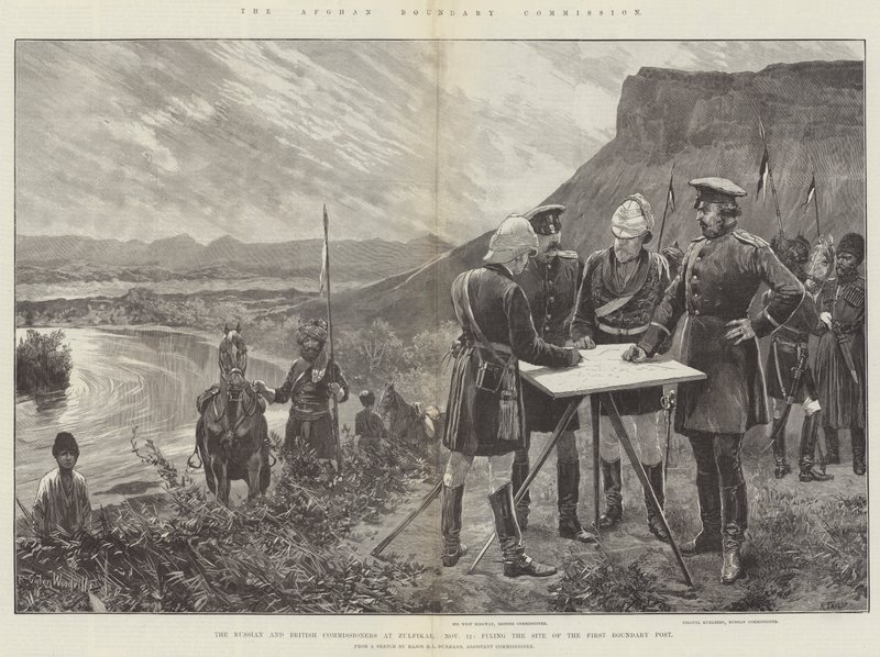 Die afghanische Grenzkommission, die russischen und britischen Kommissare in Zulfikar, 21. November, Festlegung des Standorts des ersten Grenzpfostens von Richard Caton Woodville junior