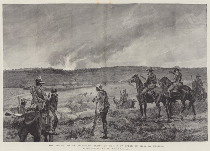Die Zerstörung von Buluwayo, am 3. November auf Befehl von König Lo Bengula verbrannt von Richard Caton Woodville junior