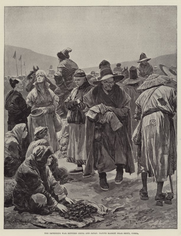 Der drohende Krieg zwischen China und Japan, einheimischer Markt in der Nähe von Seoul, Korea von Richard Caton Woodville junior