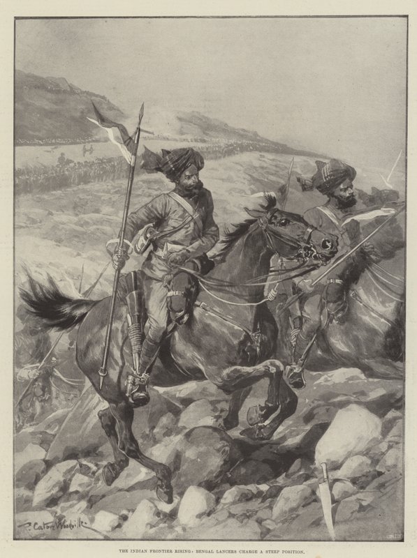 Der Aufstand an der indischen Grenze, Bengalische Lanzenreiter stürmen eine steile Position von Richard Caton Woodville junior