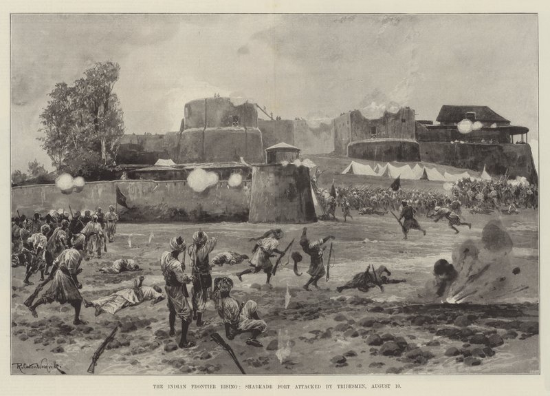 Der indische Grenzaufstand, Shabkadr Fort von Stämmen angegriffen, 10. August von Richard Caton Woodville junior