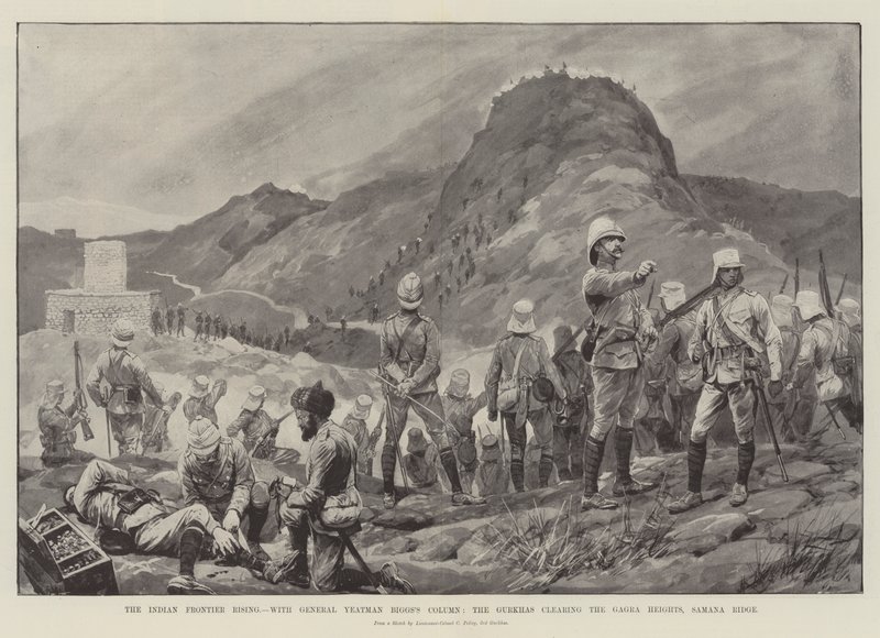 Der Aufstand an der indischen Grenze, mit der Kolonne von General Yeatman Biggs, die Gurkhas räumen die Gagra-Höhen, Samana Ridge von Richard Caton Woodville junior