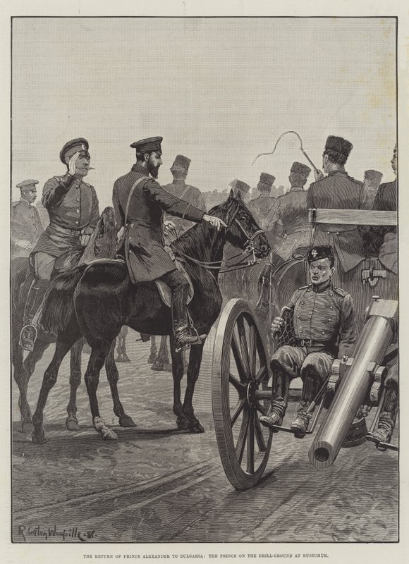 Die Rückkehr von Prinz Alexander nach Bulgarien, der Prinz auf dem Exerzierplatz in Rustchuk von Richard Caton Woodville junior