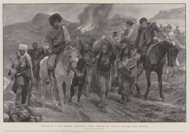 Der Aufstand auf dem Balkan, mazedonische Rebellen entführen albanische Dorfbewohner in der Nähe von Monastir von Richard Caton Woodville junior