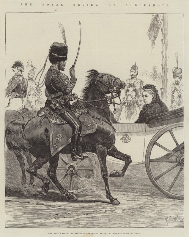 Die königliche Überprüfung in Aldershott, der Prinz von Wales salutiert der Königin, nachdem er sein Regiment vorbeigeführt hat von Richard Caton Woodville junior