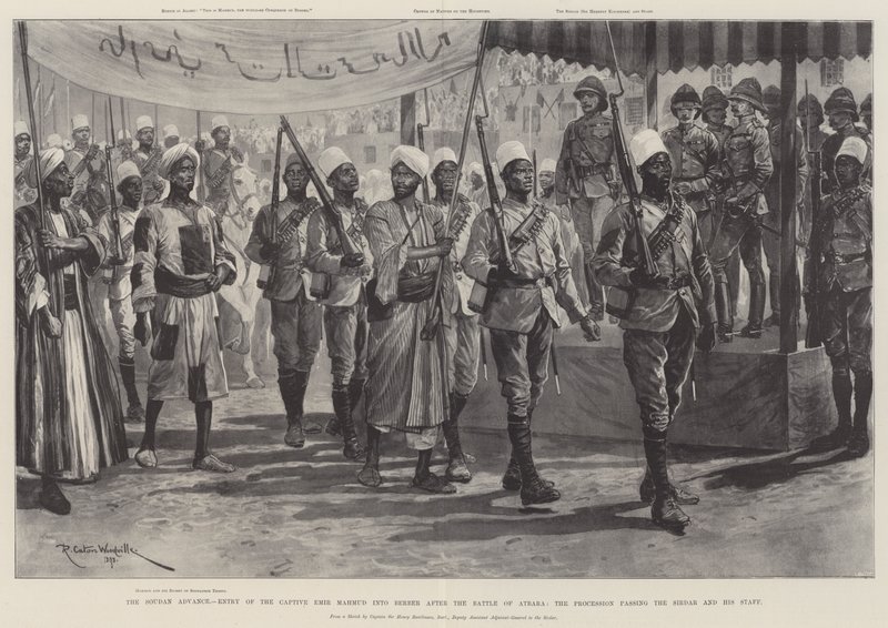 Der Vormarsch im Sudan, Einzug des gefangenen Emirs Mahmud in Berber nach der Schlacht von Atbara, die Prozession passiert den Sirdar und seinen Stab von Richard Caton Woodville junior