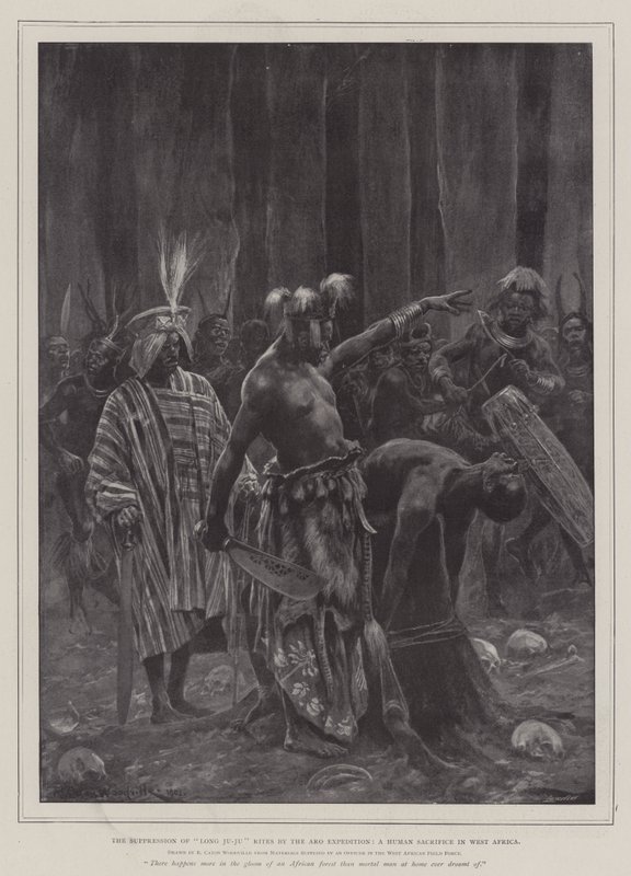 Die Unterdrückung der Long Ju-Ju-Riten durch die Aro-Expedition, ein Menschenopfer in Westafrika von Richard Caton Woodville junior