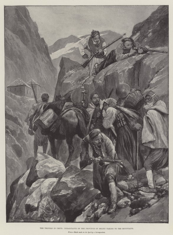 Die Unruhen auf Kreta, Bewohner der Provinz Selino fliehen in die Berge von Richard Caton Woodville junior