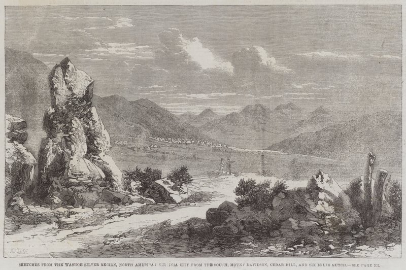 Skizzen aus der Washoe-Silberregion, Nordamerika, Virginia City vom Süden, Mount Davidson, Cedar Hill und Six Miles Gutch von Richard Principal Leitch