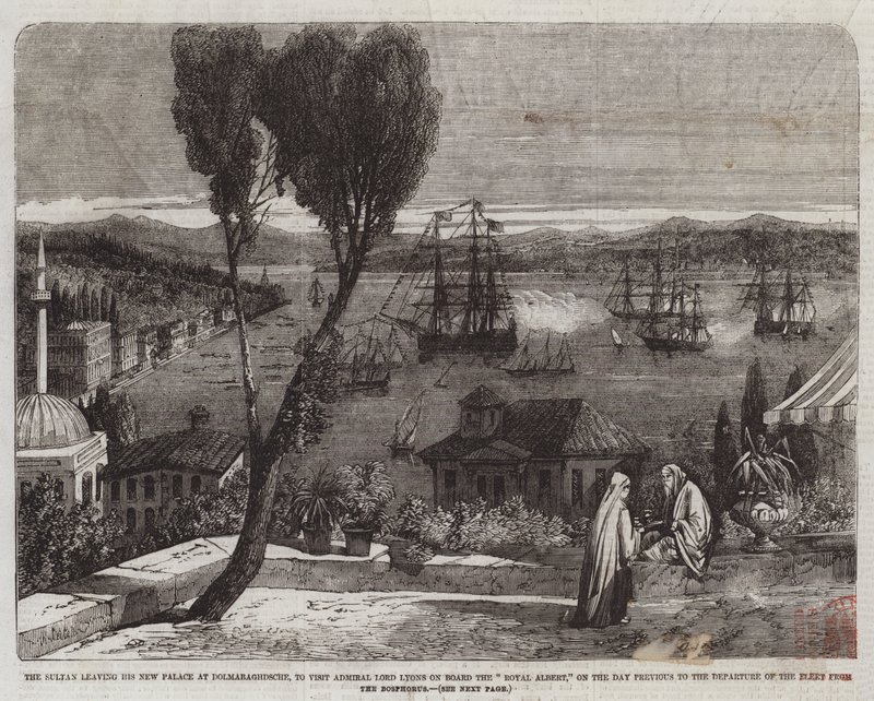 Der Sultan verlässt seinen neuen Palast in Dolmabaghdsche, um Admiral Lord Lyons an Bord der Royal Albert zu besuchen, am Tag vor der Abfahrt der Flotte vom Bosporus von Richard Principal Leitch