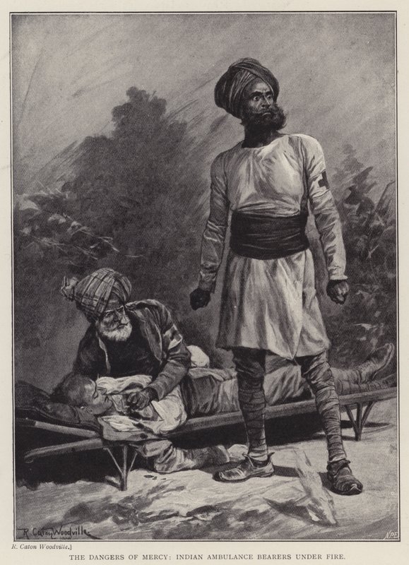 Die Gefahren der Barmherzigkeit, indische Ambulanzträger unter Beschuss von Richard Caton II (after) Woodville