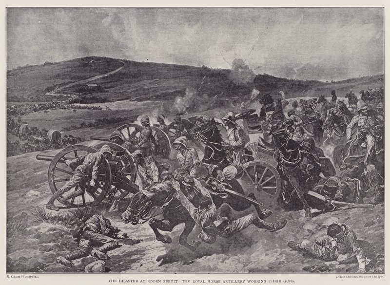 Das Unglück bei Koorn Spruit, die Royal Horse Artillery bedient ihre Kanonen (Lithografie) von Richard Caton II (after) Woodville