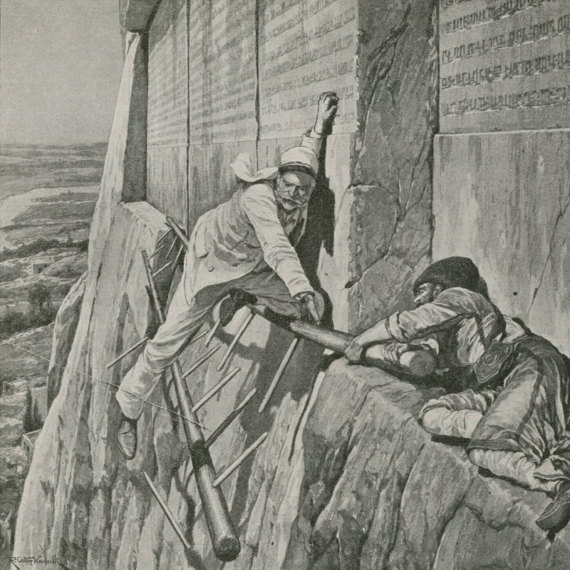 Eine knappe Flucht für Sir Henry Rawlinson am Felsen von Behistun von Richard Caton Woodville junior