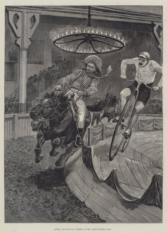 Pferd- und Fahrradwettbewerb in der Landwirtschaftshalle von Richard Caton Woodville junior