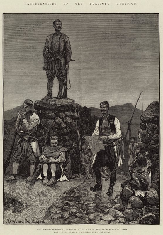 Illustrationen zur Dulcigno-Frage, montenegrinischer Außenposten bei Pecorica, auf der Straße zwischen Scutari und Antivari von Richard Caton Woodville junior