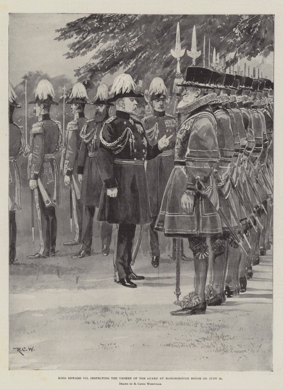 König Edward VII. inspiziert die Yeomen der Garde im Marlborough House am 25. Juni von Richard Caton Woodville junior