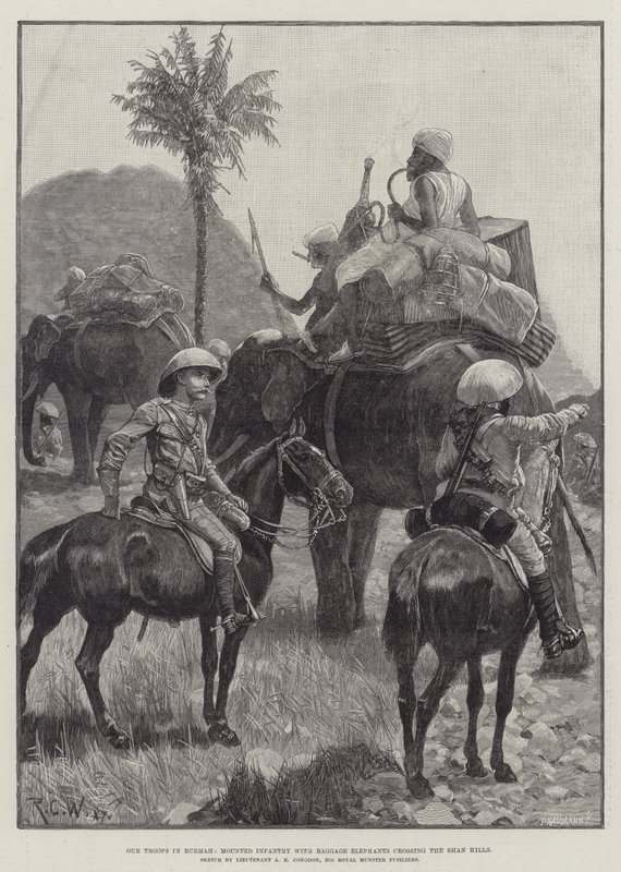 Unsere Truppen in Birma, berittene Infanterie mit Gepäckelefanten überquert die Shan-Hügel von Richard Caton Woodville junior