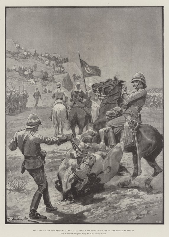 Der Vormarsch nach Dongola, Captain Fittons Pferd wird in der Schlacht von Ferket erschossen von Richard Caton Woodville junior