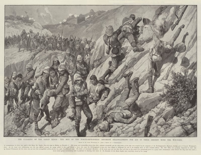 Die Räumung des Saran-Rückens, die Männer des Northamptonshire-Regiments heliographieren um Hilfe bei ihrem Abstieg mit den Verwundeten von Richard Caton Woodville junior