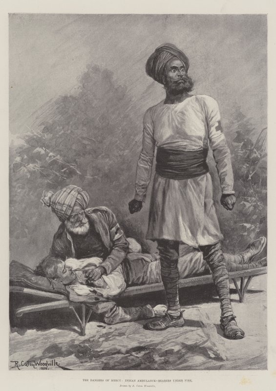 Die Gefahren der Barmherzigkeit, indische Ambulanzträger unter Beschuss von Richard Caton Woodville junior