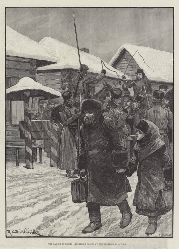 Die Hungersnot in Russland, Überprüfung der Pässe am Eingang zu einer Stadt von Richard Caton Woodville junior