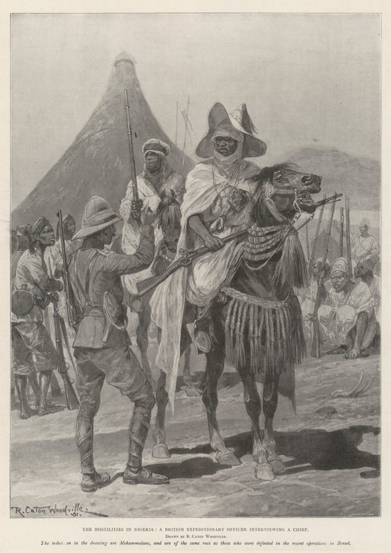 Die Feindseligkeiten in Nigeria, ein britischer Expeditionsoffizier interviewt einen Häuptling von Richard Caton Woodville junior