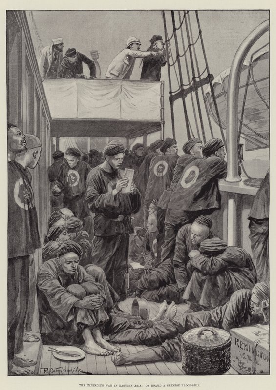 Der drohende Krieg in Ostasien, an Bord eines chinesischen Truppenschiffs von Richard Caton Woodville junior