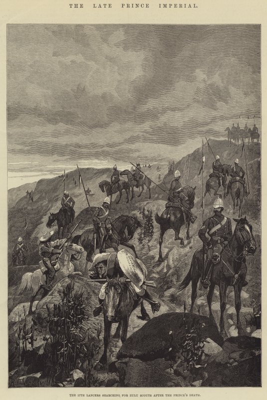 Der verstorbene Prinz Imperial, die 17. Lanzenreiter suchen nach Zulu-Spähern nach dem Tod des Prinzen von Richard Caton Woodville junior