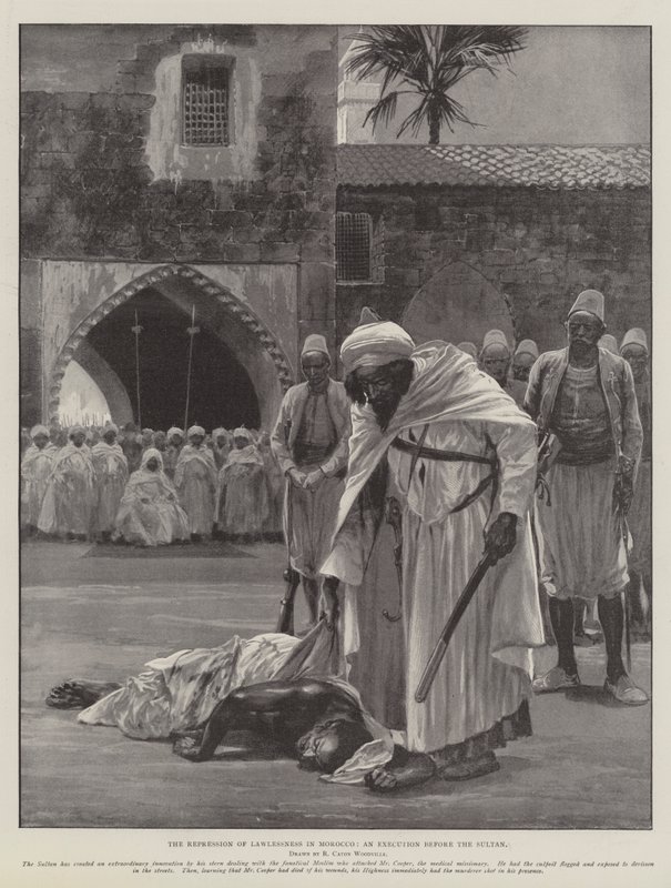 Die Unterdrückung der Gesetzlosigkeit in Marokko, eine Hinrichtung vor dem Sultan von Richard Caton Woodville junior