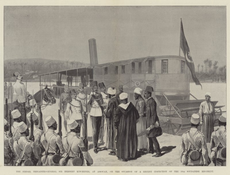 Der Sirdar, Brigadegeneral Sir Herbert Kitchener, in Assuan, bei einer kürzlichen Inspektion des 10. sudanesischen Regiments von Richard Caton Woodville junior
