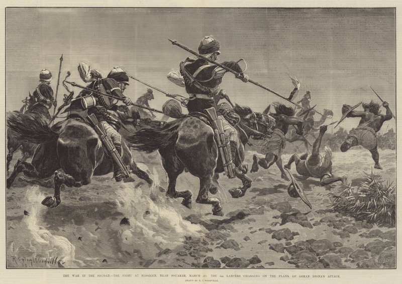 Der Krieg im Sudan, der Kampf bei Hasheen, nahe Souakim, 20. März, die 5. Lanzenreiter greifen die Flanke von Osman Dignas Angriff an von Richard Caton Woodville junior
