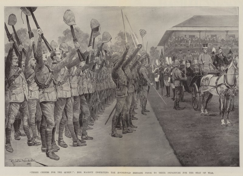 Dreifaches Hoch auf die Königin!, Ihre Majestät inspiziert die Household Brigade vor deren Abreise zum Kriegsschauplatz von Richard Caton Woodville junior