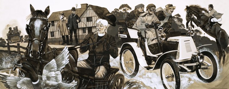Ein lautes neues Auto erschreckt Dorfbewohner und ihre Pferde von Richard Hook