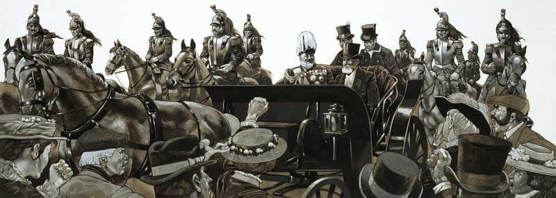 Die Menge buhte und pfiff, als König Edward in Paris im Staatswagen fuhr von Richard Hook