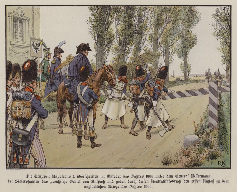 Französische Truppen unter dem Kommando von General Kellermann überqueren die Grenze nach preußischem Gebiet bei Sickershausen, Oktober 1805 von Richard Knotel
