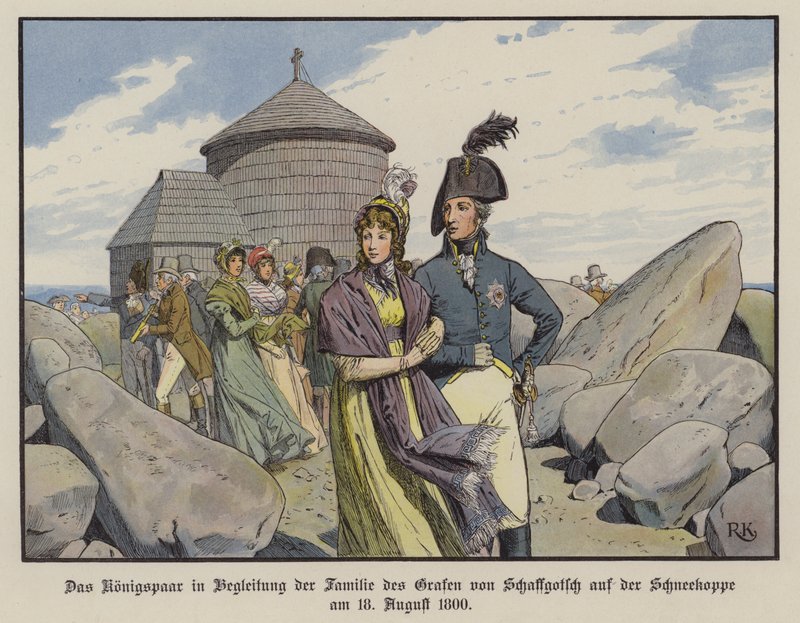 König Friedrich Wilhelm III. und Königin Louise von Preußen in Begleitung der Familie von Graf von Schaffgotsch auf der Schneekoppe, August 1800 von Richard Knotel