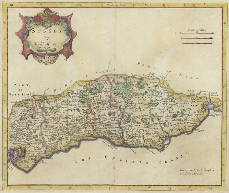 Karte von Sussex (Farbgravur) von Robert Morden