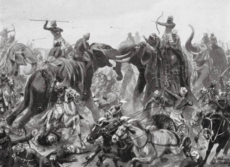 Die Niederlage von Pulikesin II Chalukhya durch Mahamalla Pallava in Badami, 642 n. Chr. (Lithografie) von Robert Ambrose Dudley